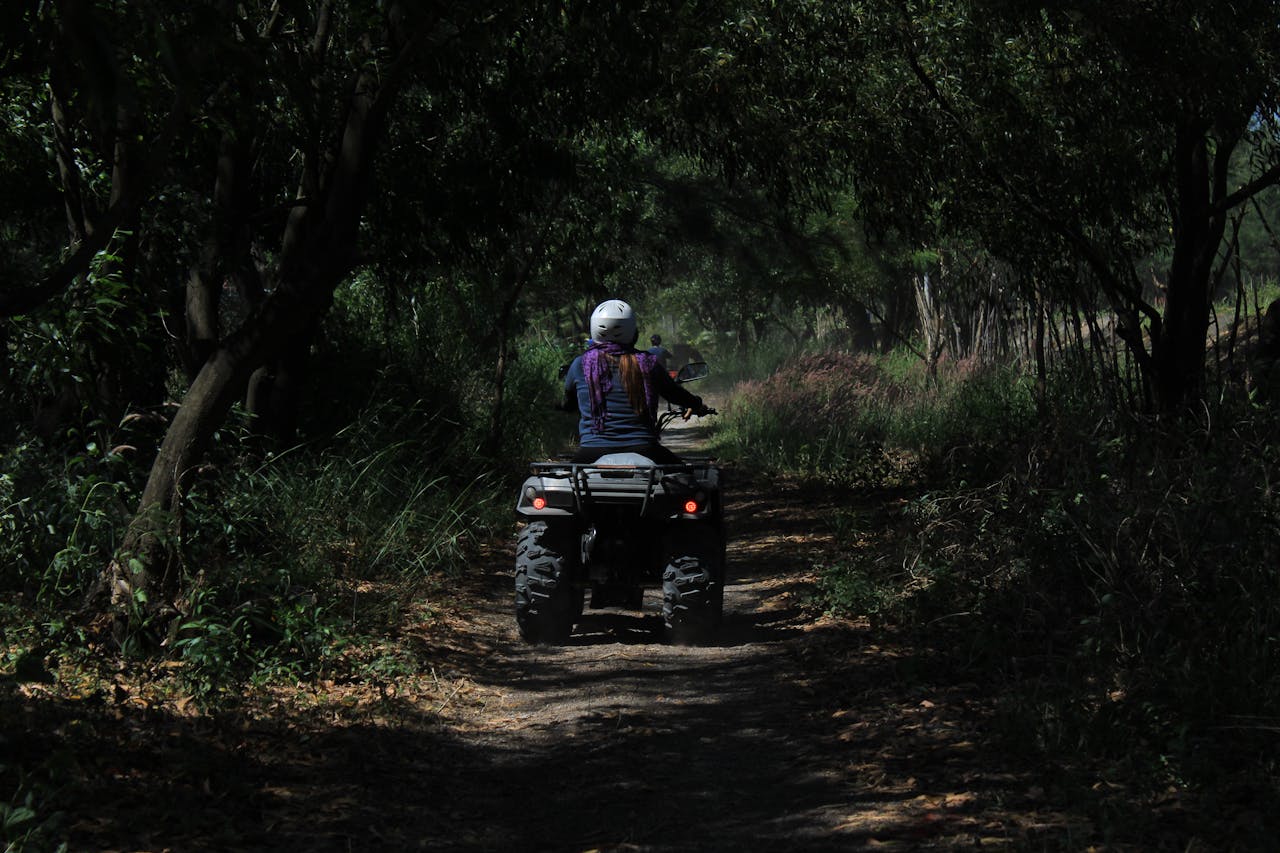 gallery-3 Riders enjoy an ATV adventure on a scenic forest trail surrounded by lush greenery.